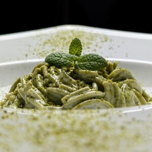 Matcha Spaghetti Latte with White Chocolate Sauce – unique molecular gastronomy dessert that looks like pasta but is actually sweet!